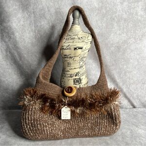 Handmade Wool Blend Purse Bag Brown Boho Style Button Closure